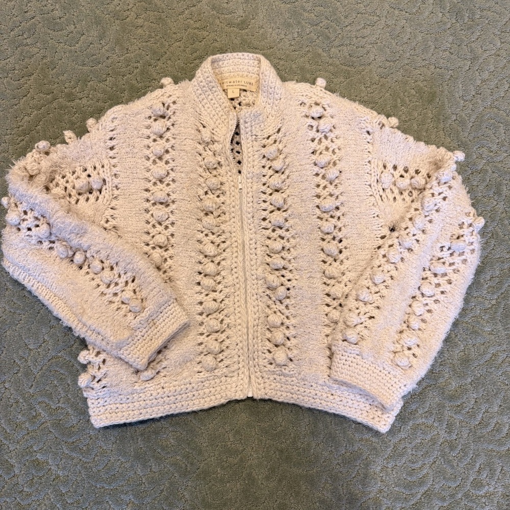 Anthropology Salt water  luxe free spirit fringe crochet zipper sweater jacket L